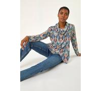 Roman Originals Women's Cowl Neck Long Sleeve Tunic Ladies Lightweight Longline Patterned Top Blouse Snit Autumn Winter Work & Casual Smart Wear Going Out Party Loungewear - Blue Multi - Size 18