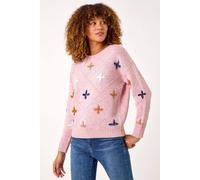 Roman Originals Crafted Diamond Detail Jumper for Women UK - Ladies Everyday Autumn Winter Crew Neckline Comfy Soft Evening Vacation Work Party Night Out - Light Pink - Size 18