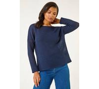 Roman Originals Crochet Cotton Jersey Top for Women UK - Ladies Everyday Autumn Winter Round Neckline Comfy Soft Evening Vacation Work Party Night Out - Navy - Size 20