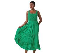 Roman Originals Crochet Detail Cotton Blend Maxi Dress for Women UK - Ladies Everyday Holiday Spring Summer Square Neckline Comfy Soft Evening Vacation Work Party - Green - Size 20