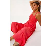 Roman Originals Crochet Detail Cotton Blend Maxi Dress for Women UK - Ladies Everyday Holiday Spring Summer Square Neckline Comfy Soft Evening Vacation Work Party - Red - Size 20