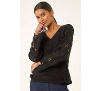 Roman Originals Crochet Floral Knit Jumper for Women UK - Ladies Everyday Autumn Winter V-Neckline Comfy Soft Evening Vacation Work Party Night Out - Burgundy - Size M