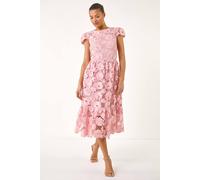 Roman Originals Crochet Floral Lace Midi Dress for Women UK - Ladies Everyday Holiday Spring Summer Round Neckline Comfy Soft Evening Vacation Work Party - Light Pink - Size 16