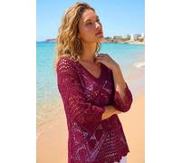 Roman Originals Crochet Lace V-Neck Open Knit for Women UK - Ladies Everyday Holiday Spring Summer V-Neckline Comfy Soft Evening Vacation Work Party - Maroon - Size 12