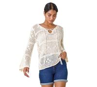 Roman Cotton Crochet Tunic for Women UK Ladies Cotton Lace Top Blouse Crinkle Embroidered Eyelet Broderie Anglaise Spring Summer Beach Holiday Cool Loose Jumper Cover Up - Ivory - Size 14