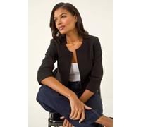 Roman Originals Cropped Bolero Jacket for Women UK Ladies Wedding Guests Shrug Jacquard Tailored Fitted Blazer Smart Work Formal Evening Short Round Collar 2 Pockets - Plain Black - Size 20