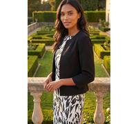Roman Originals Cropped Bolero Jacket for Women UK Ladies Wedding Guests Shrug Jacquard Tailored Fitted Blazer Smart Work Formal Evening Short Round Collar 2 Pockets - Plain Black - Size 14