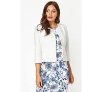 Roman Originals Cropped Bolero Jacket for Women UK Ladies Wedding Guests Shrug Jacquard Tailored Fitted Blazer Smart Work Formal Evening Short Round Collar 2 Pockets - Ivory - Size 20
