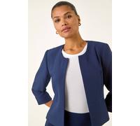 Roman Originals Cropped Bolero Jacket for Women UK Ladies Wedding Guests Shrug Jacquard Tailored Fitted Blazer Smart Work Formal Evening Short Round Collar 2 Pockets - Plain Navy - Size 18