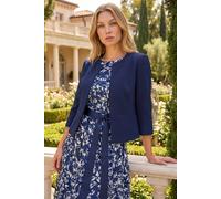 Roman Originals Cropped Bolero Jacket for Women UK Ladies Wedding Guests Shrug Jacquard Tailored Fitted Blazer Smart Work Formal Evening Short Round Collar 2 Pockets - Plain Navy - Size 10