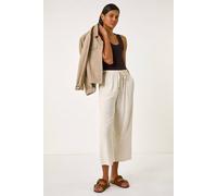 Roman Petite Linen Mix Wide Cropped Trousers for Women UK Ladies Spring Everyday Summer Break Elasticated Waist Comfy Pocket Detail Soft Lightweight Pants Vacation - Plain Natural - Size 12