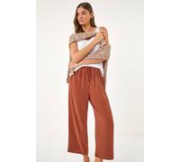 Roman Petite Linen Mix Wide Cropped Trousers for Women UK Ladies Spring Everyday Summer Break Elasticated Waist Comfy Pocket Detail Soft Lightweight Pants Vacation - Rust - Size 10