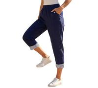 Roman Originals Cropped Stretch Trouser for Women UK - Ladies Capri Pants Summer Leggings 3/4 Three Quarter Pedal Pusher Elasticated Waist Cut Off Contrast Detail Pull On Work - Navy - Size 10