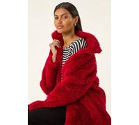 Roman Originals Teddy Coat for Women UK Ladies Borg Faux Fur Coatigan Lined Casual Soft Fluffy Fleece Texture Oversized Longline Warm Cosy Winter Jacket Thick Cardigan - Red - Size 14