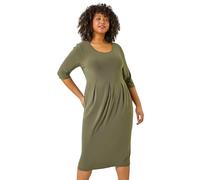 Roman Curve Abstract Print Stretch Dress for Women UK - Ladies Autumn Everyday Winter Holiday Round Neckline Comfy Short Sleeve Soft Midi Length Frock Desk to Dinner Gowns - Khaki Plus - Size 20