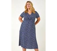 Roman Originals Twist Front Midi Dress for Women UK - Ladies Everyday Autumn Winter Round Neckline Comfy Soft Evening Vacation Work Party Night Out - Navy Plus - Size 18