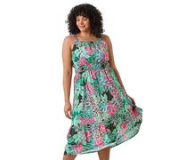 Roman Curve Animal Floral Square Neck Midi Dress In Green Green 22-24