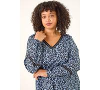 Roman Curve Animal Print Studded Top for Women UK - Ladies Everyday Autumn Winter V-Neckline Comfy Soft Evening Vacation Work Party Night Out - Blue Plus - Size 16