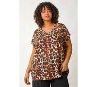 Roman Curve Animal Print Woven Top for Women UK - Ladies Everyday Holiday Spring Summer V-Neckline Comfy Soft Evening Vacation Work Party - Natural Plus - Size 20