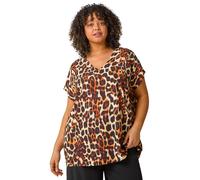Roman Curve Animal Print Woven Top for Women UK - Ladies Everyday Holiday Spring Summer V-Neckline Comfy Soft Evening Vacation Work Party - Natural Plus - Size 22