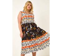 Roman Curve Aztec Print Smock Midi Dress In Orange Orange 16