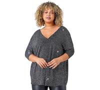 Roman Curve Back Bar Glitter Stretch Top for Women UK - Ladies Autumn Everyday Winter Holiday V-Neckline Comfy 3/4 Sleeve Soft Jersey T-Shirt Dinner Out Shirts - Silver - Size 18