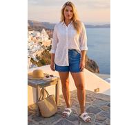Roman Cotton Broderie Anglaise Shirt for Women UK - Ladies Spring Everyday Summer Holiday V-Neckline Comfy Long Sleeve Soft Pocket Detail Blouse Vacation Tops - White Plus - Size 22