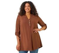Roman Curve Button Detail Tunic Top for Women UK - Ladies Spring Everyday Summer Holiday Notch Neckline Comfy 3/4 Sleeve Soft Relaxed Fit Shirt Vacation Blouses - Chocolate Plus - Size 22