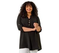 Roman Curve Button Detail Tunic Top for Women UK - Ladies Spring Everyday Summer Holiday Notch Neckline Comfy 3/4 Sleeve Soft Relaxed Fit Shirt Vacation Blouses - Black Plus - Size 22