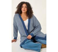 Roman Curve Chevron Fluffy Knit Cardigan In Navy Navy