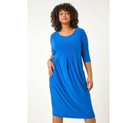 Roman Curve Abstract Print Stretch Dress for Women UK - Ladies Autumn Everyday Winter Holiday Round Neckline Comfy Short Sleeve Soft Midi Length Frock Desk to Dinner Gowns - Royal Blue Plus - Size 22