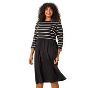 Roman Curve Constrast Skirt Stretch Dress for Women UK - Ladies Everyday Autumn Winter Round Neckline Comfy Soft Evening Vacation Work Party Night Out - Black Plus - Size 20