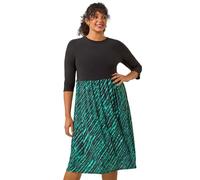 Roman Curve Constrast Skirt Stretch Dress for Women UK - Ladies Everyday Autumn Winter Round Neckline Comfy Soft Evening Vacation Work Party Night Out - Green Plus - Size 18