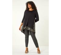Roman Curve Contrast High Low Tunic Top In Black Black