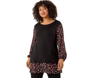 Roman Curve Contrast Stretch Top for Women UK - Ladies Everyday Autumn Winter Round Neckline Comfy Soft Evening Vacation Work Party Night Out - Black Plus - Size 18