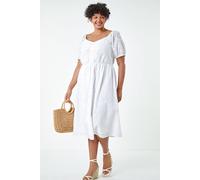 Roman Originals Broderie Puff Sleeve Cotton Midi Dress for Women UK - Ladies Everyday Holiday Spring Summer V Neckline Comfy Soft Evening Vacation Work Party - Ivory Plus - Size 26