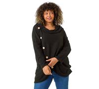 Roman Curve Cowl Neck Button Wrap Top for Women UK - Ladies Autumn Everyday Winter Holiday Long Sleeve Soft Drape Neckline Comfy Cozy Relaxed Fit Shirts - Black Plus - Size 18
