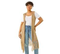 Roman Curve Crochet Knit Tassel Cardigan for Women UK - Ladies Spring Everyday Summer Holiday Sleeveless Soft Longline Comfy Lightweight Jumper Day Out Sweaters - Stone - Size 22