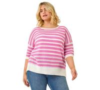 Roman Curve Crochet Stripe Knit Top for Women UK - Ladies Everyday Holiday Spring Summer Round Neckline Comfy Soft Evening Vacation Work Party - Pink Plus - Size 2224