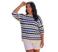 Roman Curve Crochet Stripe Knit Top for Women UK - Ladies Everyday Holiday Spring Summer Round Neckline Comfy Soft Evening Vacation Work Party - Plus Wave Blue - Size 20