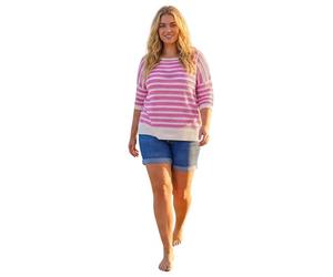 Roman Curve Crochet Stripe Knit Top for Women UK - Ladies Everyday Holiday Spring Summer Round Neckline Comfy Soft Evening Vacation Work Party