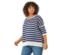 Roman Curve Crochet Stripe Knit Top In Navy Navy 26-28