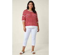 Roman Curve Crochet Stripe Knit Top In Red Red