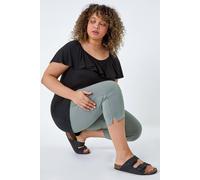 Roman Originals Plus Size Cropped Trousers for Women UK Ladies Curve Capri Leggings Summer Pants Short Crop Stretch 3/4 Length Three Quarter Pedal Pusher Clothes Elasticated - Khaki - Size 26