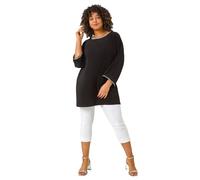 Roman Curve Diamante Trim Stretch Top for Women UK - Ladies Everyday Autumn Winter Round Neckline Comfy Soft Evening Vacation Work Party Night Out - Black Plus - Size 18