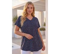 Roman Curve Ditsy Spot Print Stretch Top for Women UK - Ladies Everyday Autumn Winter V-Neckline Comfy Soft Evening Vacation Work Party Night Out - Navy - Size 18