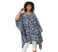 Roman Curve Floral Border Print Kaftan for Women UK - Ladies Everyday Holiday Spring Summer V-Neckline Comfy Soft Evening Vacation Work Party - Navy Plus - Size 22
