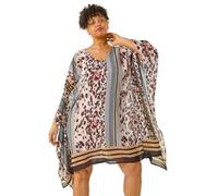 Roman Curve Floral Border Print Kaftan for Women UK - Ladies Everyday Holiday Spring Summer V-Neckline Comfy Soft Evening Vacation Work Party - Natural Plus - Size 20