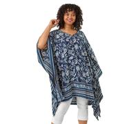 Roman Curve Floral Border Print Kaftan for Women UK - Ladies Everyday Holiday Spring Summer V-Neckline Comfy Soft Evening Vacation Work Party - Navy Plus - Size 22
