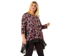 Roman Curve Floral High Low Chiffon Top In Pink Pink 26-28